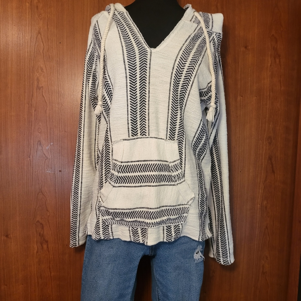 OCEAN DRIVE Hooded Sweater White Black Stripe Drawstring Poncho Tribal Top Med